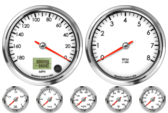 4" Speedometer 180mph programmable (Counter Clockwise)
4" Tachometer 8K RPM
2-1/16" Oil Pressure Gauge 0-100psi
2-1/16" Oil Temp Gauge 140-300F
2-1/16" Water Temp Gauge 120-260F
2-1/16" Fuel Level Gauge (programmable)
2-1/16" Volt Gauge 0-18V
4" Speedometer 180mph programmable (Counter Clockwise)
4" Tachometer 8K RPM
2-1/16" Oil Pressure Gauge 0-100psi
2-1/16" Oil Temp Gauge 140-300F
2-1/16" Water Temp Gauge 120-260F
2-1/16" Fuel Level Gauge (programmable)
2-1/16" Volt Gauge 0-18V