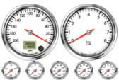 Speedometer Gauge 200mph programmable (Counter Clockwise)
Tachometer Gauge 8K RPM
Oil Pressure Gauge 0-100psi
Oil Temp Gauge 140-300F
Water Temp Gauge 120-260F
Fuel Level Gauge (programmable)
Volt Gauge 0-18V
Speedometer Gauge 200mph programmable (Counter Clockwise)
Tachometer Gauge 8K RPM
Oil Pressure Gauge 0-100psi
Oil Temp Gauge 140-300F
Water Temp Gauge 120-260F
Fuel Level Gauge (programmable)
Volt Gauge 0-18V