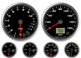 Speedometer Gauge 160mph programmable
Tachometer Gauge 10K RPM Shift-light
Oil Pressure Gauge 100 psi (w/ warning)
Water Temp Gauge 120-260F (w/ warning)
Fuel Level Gauge (programmable) (w/ warning)
Volt Gauge 0-18V (w/ warning)
Speedometer Gauge 160mph programmable
Tachometer Gauge 10K RPM Shift-light
Oil Pressure Gauge 100 psi (w/ warning)
Water Temp Gauge 120-260F (w/ warning)
Fuel Level Gauge (programmable) (w/ warning)
Volt Gauge 0-18V (w/ warning)