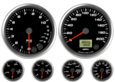 Speedometer Gauge 200mph programmable
Tachometer Gauge 10K RPM Shift-light
Oil Pressure Gauge 100 psi (w/ warning)
Water Temp Gauge 120-260F (w/ warning)
Fuel Level Gauge (programmable) (w/ warning)
Volt Gauge 0-18V (w/ warning)
Speedometer Gauge 200mph programmable
Tachometer Gauge 10K RPM Shift-light
Oil Pressure Gauge 100 psi (w/ warning)
Water Temp Gauge 120-260F (w/ warning)
Fuel Level Gauge (programmable) (w/ warning)
Volt Gauge 0-18V (w/ warning)