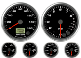GPS Speedometer Gauge 160mph
Tachometer Gauge 8K RPM Shift-light
Oil Pressure Gauge 100 psi (w/ warning)
Water Temp Gauge 120-260F (w/ warning)
Fuel Level Gauge (programmable) (w/ warning)
Volt Gauge 0-18V (w/ warning)
GPS Speedometer Gauge 160mph
Tachometer Gauge 8K RPM Shift-light
Oil Pressure Gauge 100 psi (w/ warning)
Water Temp Gauge 120-260F (w/ warning)
Fuel Level Gauge (programmable) (w/ warning)
Volt Gauge 0-18V (w/ warning)
