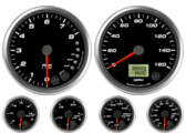 4" Speedometer Gauge 160mph programmable
4" Tachometer Gauge 8K RPM Shift-light
2-1/16" Oil Pressure Gauge 0-100psi (w/ warning)
2-1/16" Water Temp Gauge 120-260F (w/ warning)
2-1/16" Fuel Level Gauge (programmable) (w/ warning)
2-1/16" Volt Gauge 0-18V (w/ warning)
4" Speedometer Gauge 160mph programmable
4" Tachometer Gauge 8K RPM Shift-light
2-1/16" Oil Pressure Gauge 0-100psi (w/ warning)
2-1/16" Water Temp Gauge 120-260F (w/ warning)
2-1/16" Fuel Level Gauge (programmable) (w/ warning)
2-1/16" Volt Gauge 0-18V (w/ warning)