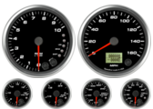 4" Speedometer Gauge 160mph programmable
4" Tachometer Gauge 10K RPM Shift-light
2-1/16" Oil Pressure Gauge 0-100psi (w/ warning)
2-1/16" Water Temp Gauge 120-260F (w/ warning)
2-1/16" Fuel Level Gauge (programmable) (w/ warning)
2-1/16" Volt Gauge 0-18V (w/ warning)
4" Speedometer Gauge 160mph programmable
4" Tachometer Gauge 10K RPM Shift-light
2-1/16" Oil Pressure Gauge 0-100psi (w/ warning)
2-1/16" Water Temp Gauge 120-260F (w/ warning)
2-1/16" Fuel Level Gauge (programmable) (w/ warning)
2-1/16" Volt Gauge 0-18V (w/ warning)