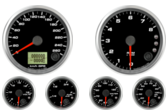 3-3/8" GPS Speedometer 260km/h Metric
3-3/8" Tachometer 8K RPM Shift-light
2-1/16" Oil Pressure Gauge 0-100psi (w/ warning)
2-1/16" Water Temp Gauge 50-125C Metric (w/ warning)
2-1/16" Fuel Level Gauge (programmable) (w/ warning)
2-1/16" Volt Gauge 0-18V (w/ warning)
3-3/8" GPS Speedometer 260km/h Metric
3-3/8" Tachometer 8K RPM Shift-light
2-1/16" Oil Pressure Gauge 0-100psi (w/ warning)
2-1/16" Water Temp Gauge 50-125C Metric (w/ warning)
2-1/16" Fuel Level Gauge (programmable) (w/ warning)
2-1/16" Volt Gauge 0-18V (w/ warning)